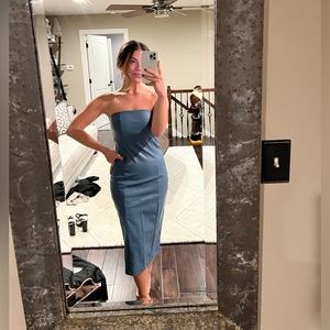 Blue Leather Strapless Midi Dress
